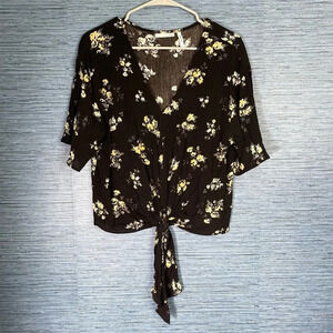 Luq Rhee‎ Tie Front Top Blouse Black Floral Size Small